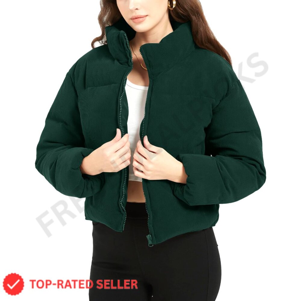 Cropped Corduroy Puffer Jacket, Quilted Down, Long Sleeve, Zip Closure